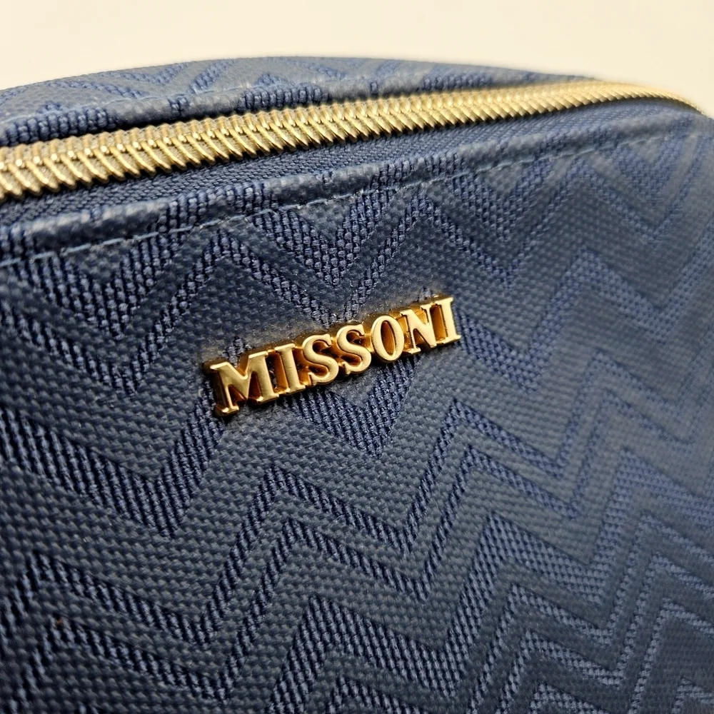 NEW Missoni Delta Luxury Blue Chevron Gold Logo Travel Cosmetic Case Bag